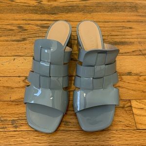 NEW M Gemi Patent Leather Blue Heeled Sandals